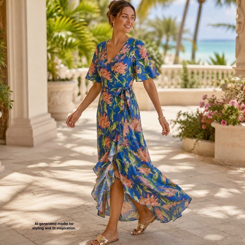 J McLaughlin Audette Wrap Maxi Dress XS Linen Cotton Blue Floral Ruffle Resort